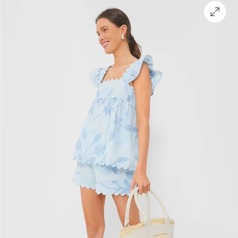 NWT Juliet Dunn Pale Blue Baby Doll Top and Shorts with Bellflower Block Print